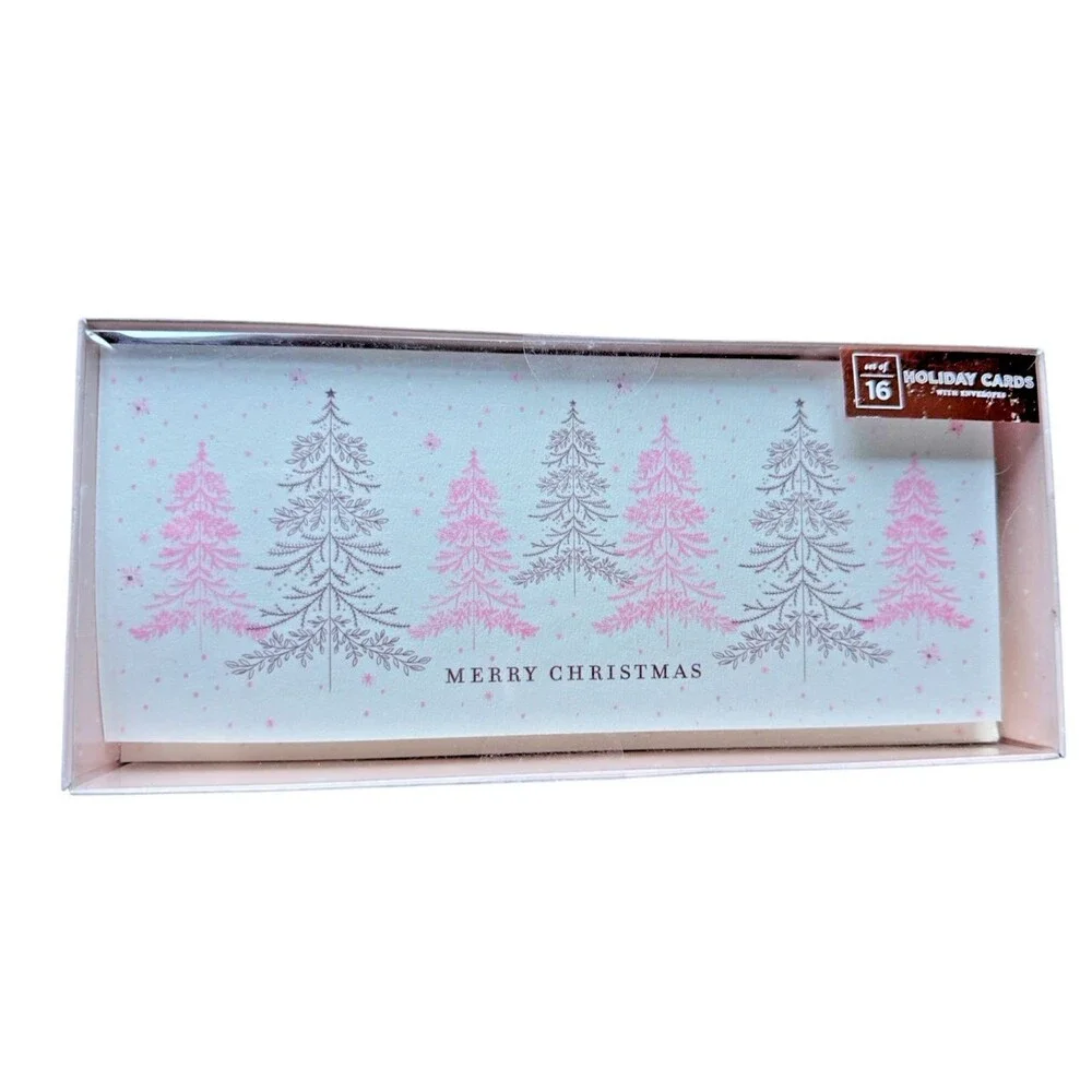 Elum Holiday Christmas Cards and Envelopes Pink Trees Set of 16 Merry Christmas